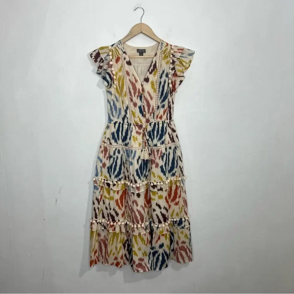 J. Crew Point Sur Tiered Pom Pom Midi Flutter Sleeve Cotton Ikat Dress Size 2